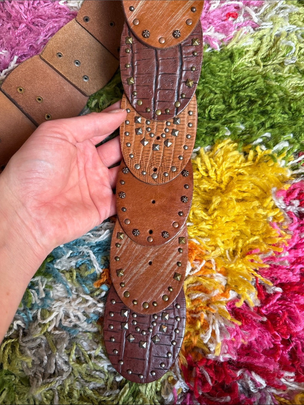 Brown Studded Leather Wide Belt with Decorative Buckle + Studs - Picture 5 of 8